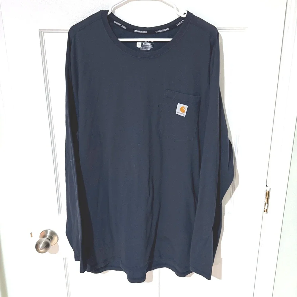 Carhartt Force Relaxed Fit Navy Blue Long Sleeve Pocket T-Shirt Mens 2XL Raglan